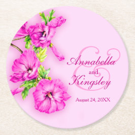 ハイビスカス結婚ピンクの水色紙コースター ラウンドペーパーコースター