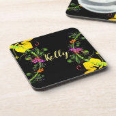 ハイビスカス花熱帯フローラ黄色ピンクブラック コースター (左側)