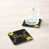 ハイビスカス花熱帯フローラ黄色ピンクブラック コースター (右側)