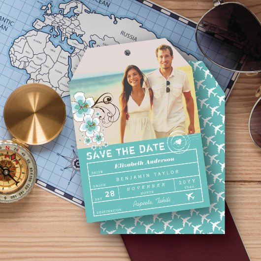 ハイビスカス行き先ウェディングラゲッジタグフォト セーブザデート