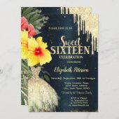 ハイビスカス金ゴールドドリップ、ドレスダークブルー甘い16 招待状 (正面/裏面)