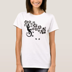 ハイビスカス開花ブラックとゲッコ Tシャツ