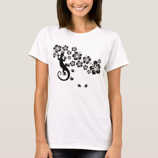 ハイビスカス開花ブラックとゲッコ Tシャツ (正面)