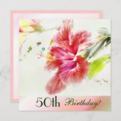 ハイビスカス·ウォーターカラー50歳誕生日パーティーの招待 招待状 (正面/裏面)