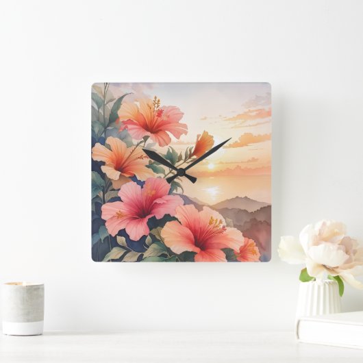 ハイビスカス スクエア壁時計 (ホーム)