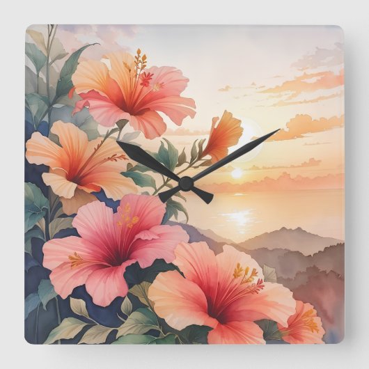 ハイビスカス スクエア壁時計 (正面)