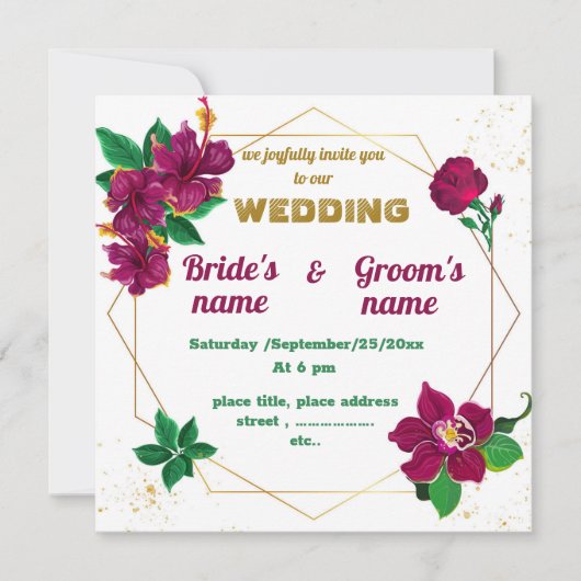ハイビスカス、バラの花ジオメト結婚リック 招待状 (正面)