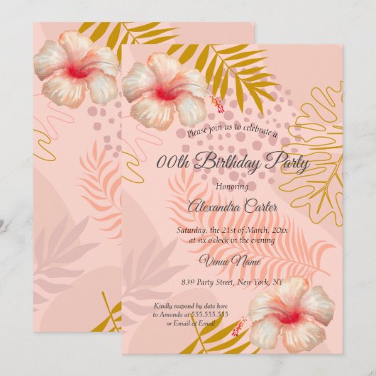 ハイビスカス ピンク トロピカル フラワーバースデーパーティー 招待状 (正面/裏面)