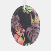 ハイビスカス、フラミンゴ、水彩熱帯パターン。 ガラスオーナメント (正面左)