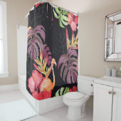 ハイビスカス、フラミンゴ、水彩熱帯パターン。 シャワーカーテン (インサイチュ)