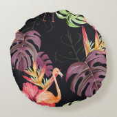 ハイビスカス、フラミンゴ、水彩熱帯パターン。 ラウンドクッション (裏面)