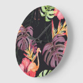 ハイビスカス、フラミンゴ、水彩熱帯パターン。 ラージ壁時計 (傾斜)