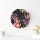 ハイビスカス、フラミンゴ、水彩熱帯パターン。 ラージ壁時計 (ホーム)