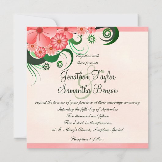 ハイビスカス フローラル ピンク 5.25" スクエア 結婚式招待状 招待状 (正面)