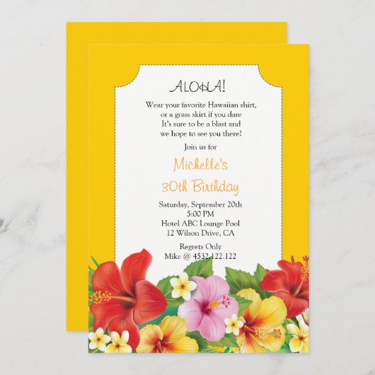 ハイビスカス&プルメリアスルアウ（ハワイ式宴会）誕生会 招待状 (正面/裏面)