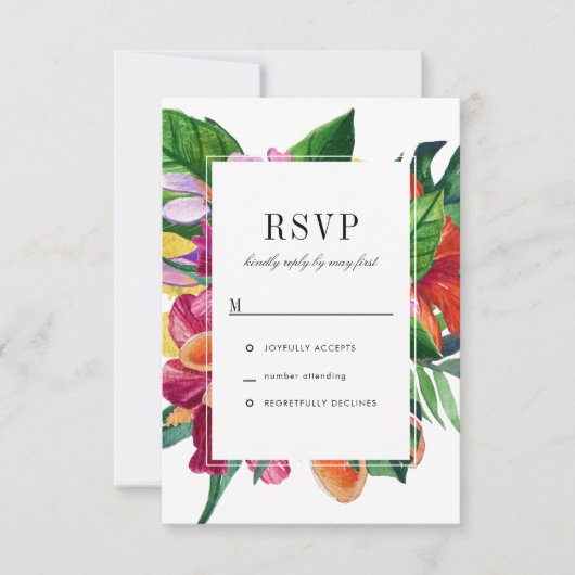 ハイビスカス、プルメリア & パーム 現代的な結婚式の出欠確認 招待状 (正面)