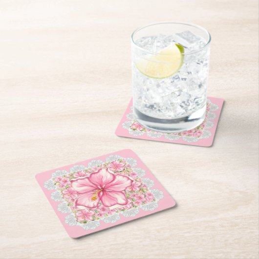 ハイビスカス&レースピンク スクエアペーパーコースター (インサイチュ)