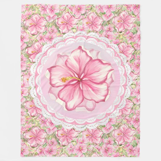 ハイビスカス&レースピンク フリースブランケット (正面)