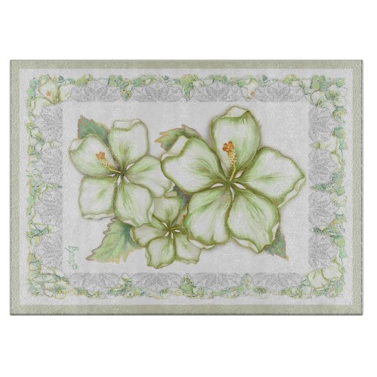 ハイビスカス&レースホワイト カッティングボード (正面)