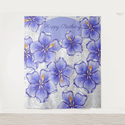 ハイビスカス&レースBLUE タペストリー (正面)