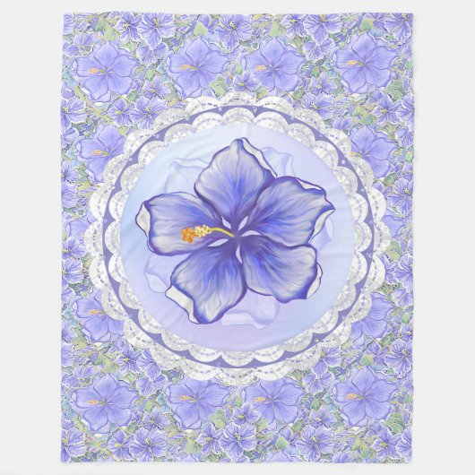 ハイビスカス&レースBLUE フリースブランケット (正面)