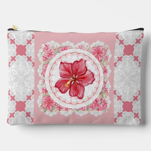 ハイビスカス&レースRED アクセサリーポーチ (正面)