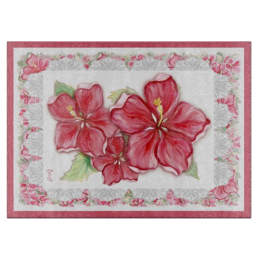 ハイビスカス&レースRED カッティングボード (正面)