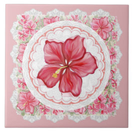 ハイビスカス&レースRED タイル