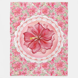 ハイビスカス&レースRED フリースブランケット