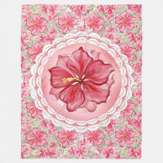 ハイビスカス&レースRED フリースブランケット (正面)