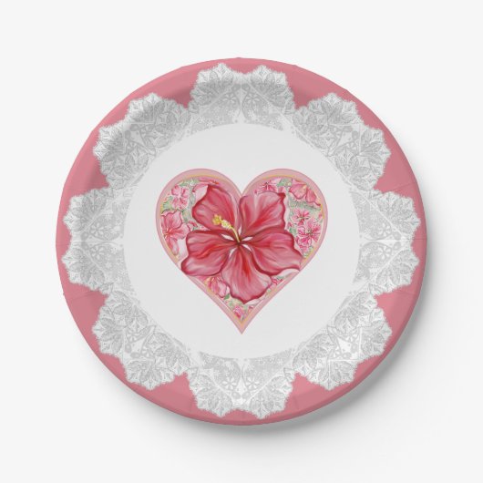 ハイビスカス&レースRED ペーパープレート (正面)
