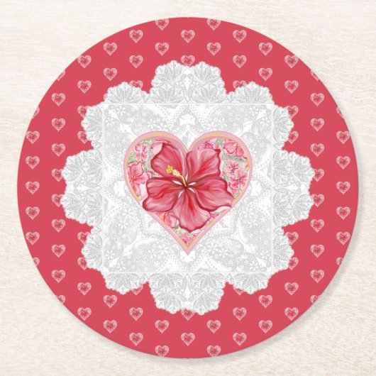 ハイビスカス&レースRED ラウンドペーパーコースター (正面)