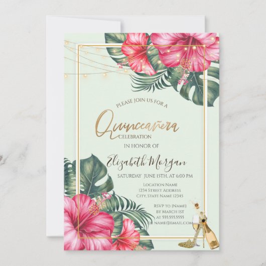 ハイビスカス、金ゴールドヒールグリッターキンセアニェラ 招待状 (正面)