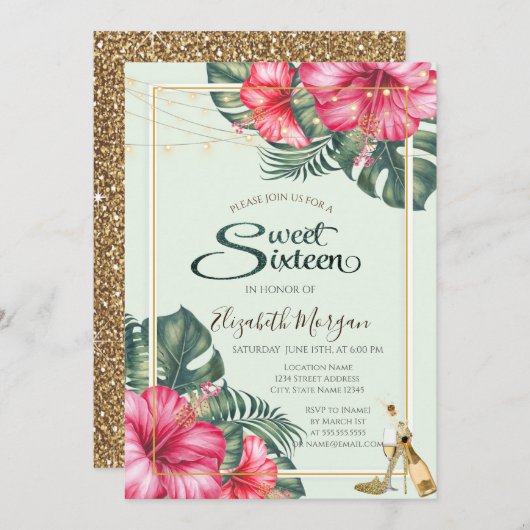 ハイビスカス、金ゴールドヒールグリッタースウィート16 招待状 (正面/裏面)