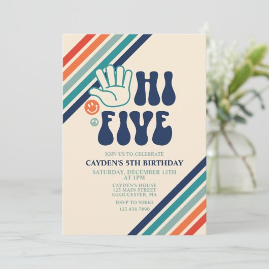 ハイファイブレトロストライプ誕生日招待状 招待状 (スタンド正面)