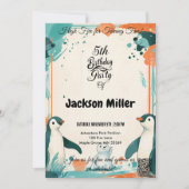 ハイファイブ5誕生日、ティール(緑がかった色)とオレンジ、極 招待状 (正面)