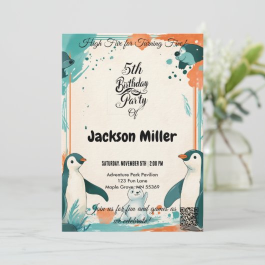 ハイファイブ5誕生日、ティール(緑がかった色)とオレンジ、極 招待状 (スタンド正面)