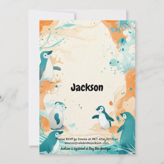 ハイファイブ5誕生日、ティール(緑がかった色)とオレンジ、極 招待状 (裏面)