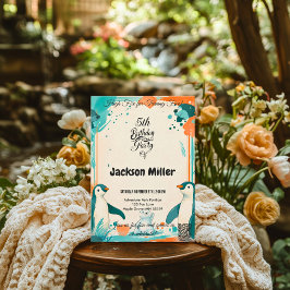 ハイファイブ5誕生日、ティール（緑がかった色）とオレンジ、極 招待状