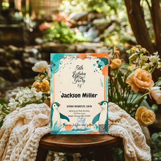 ハイファイブ5誕生日、ティール(緑がかった色)とオレンジ、極 招待状