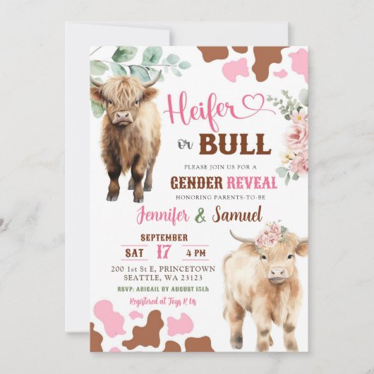 ハイファーまたは牛の性別が家畜を明らかにする 招待状 (正面)