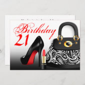 ハイブランドの財布とハイヒールと口紅の21歳の誕生日 招待状 (正面/裏面)