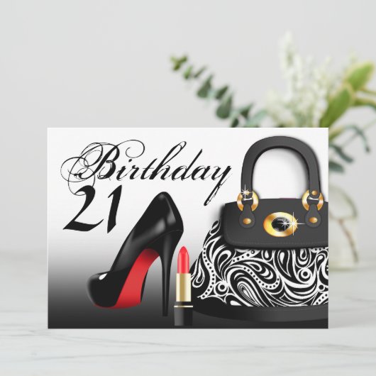 ハイブランドの財布とリップスティックとハイヒール 21歳の誕生日 招待状 (スタンド正面)