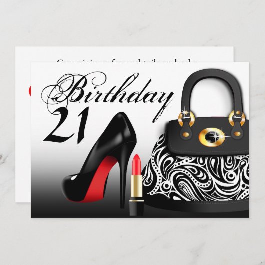 ハイブランドの財布とリップスティックとハイヒール 21歳の誕生日 招待状 (正面/裏面)
