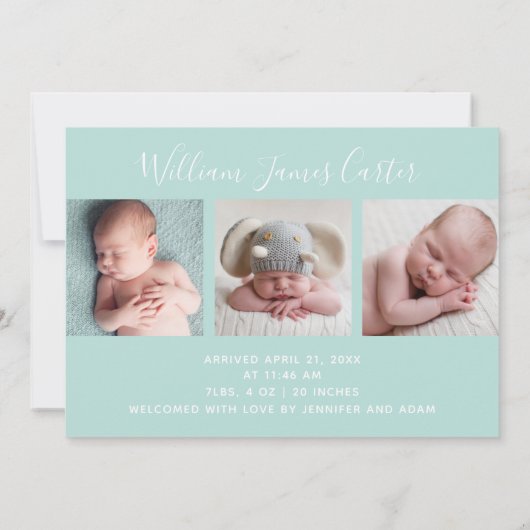 ハイベビーフォトミントエレガントシンプルタイポグラフィ誕生 案内状 (裏面)