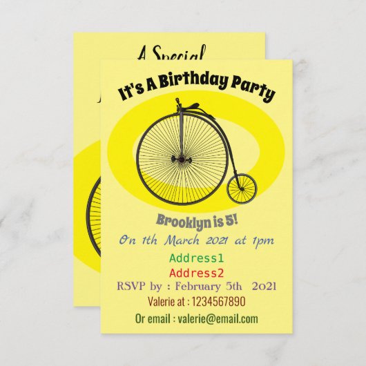 ハイホイール自転車イラストレーション 招待状 (正面/裏面)