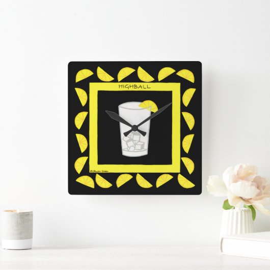 ハイボールレトロドリンクカクテルイエローレモン黒 スクエア壁時計 (ホーム)
