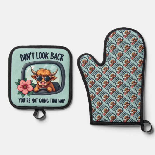 ハイラおもしろいンドカウレトロウェスタンやる気を起こさせるアート 鍋つかみ&鍋敷きセット (正面)