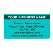 ハイライトされたビジネス名のアクセントが付いた、ターコイズグリーンの出荷ラベル ラベル (正面)