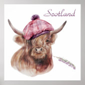 ハイランドおもしろい牛タータンチェックキャップスコットランドアニマルアート ポスター (正面)
